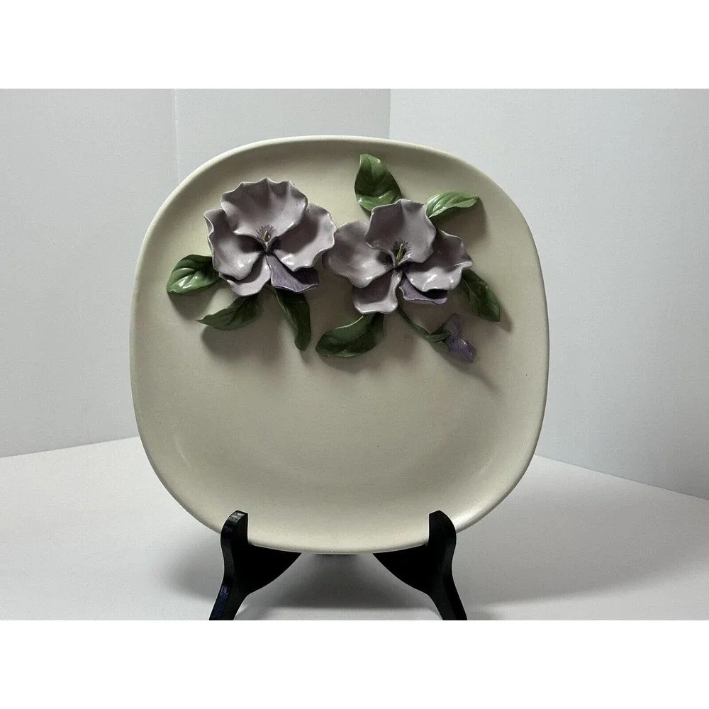 Pottery Art Square Plate With Purple‎ Flowers